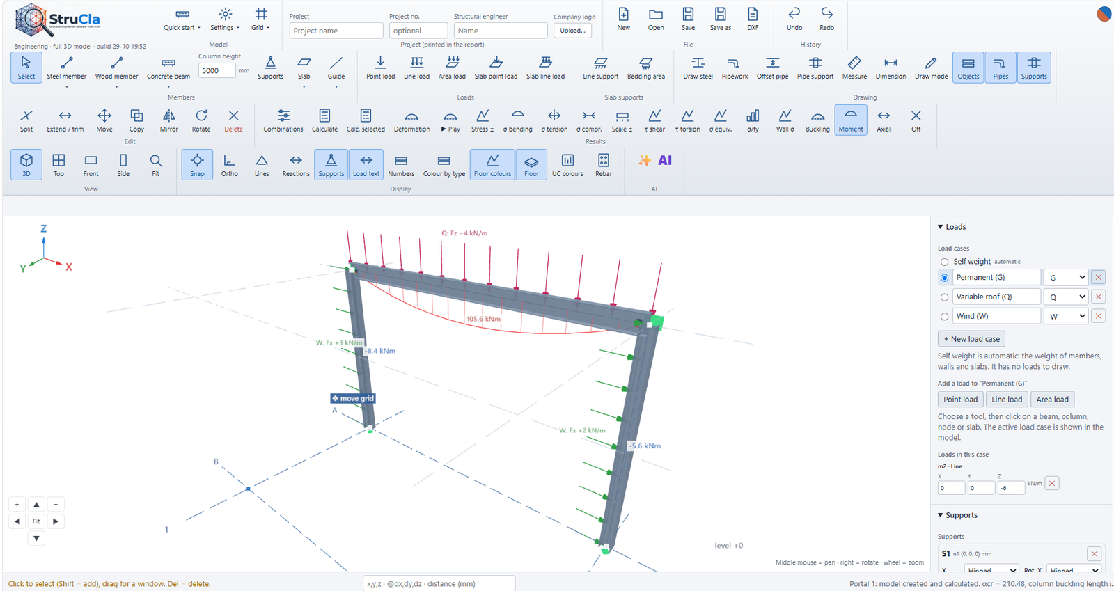 StruCla screenshot: 3D steel portal frame with line loads, wind load and the bending moment diagram